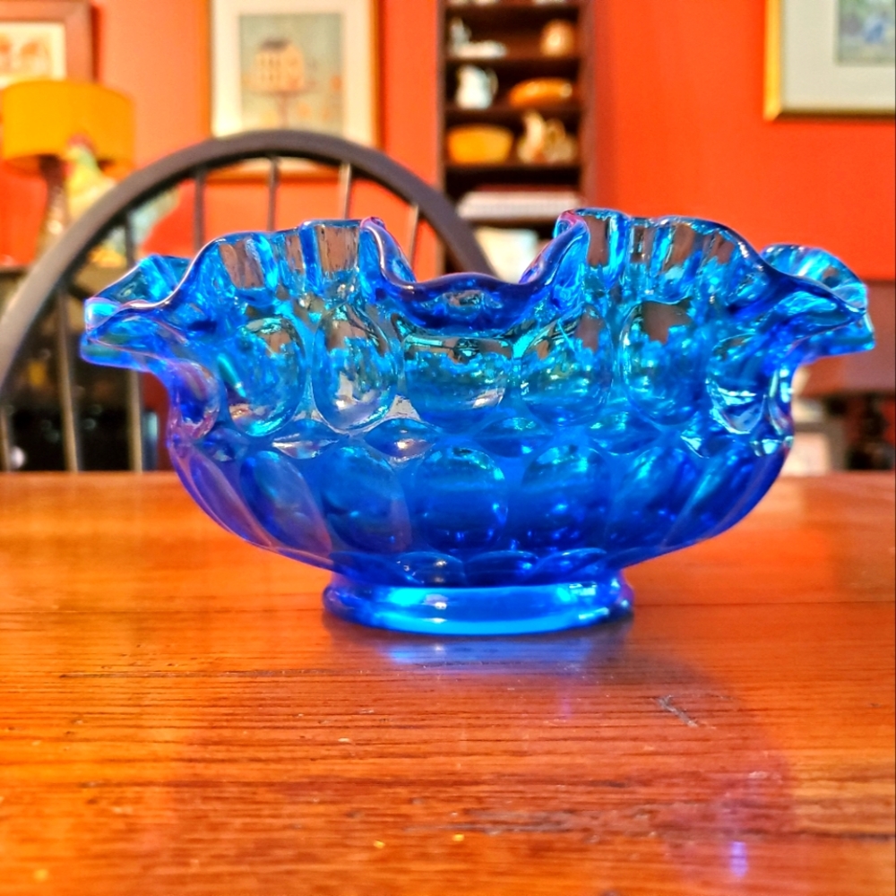 Fenton thumb print ruffle blue glass bowl